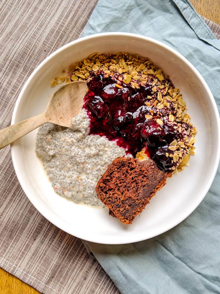 chia seed pudding with stewed blueberries and banana bread