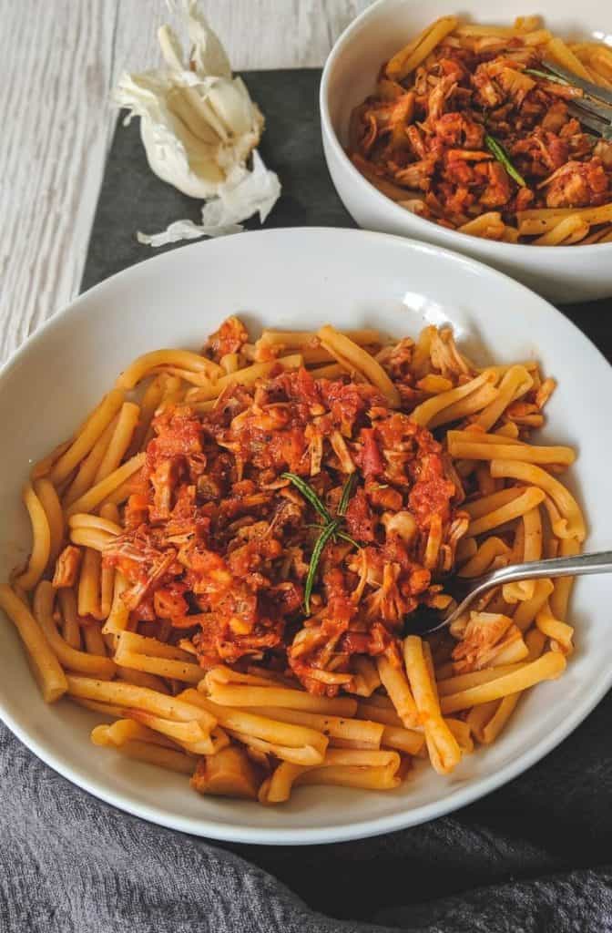 Vegan shredded jackfruit bolognese with pasta.