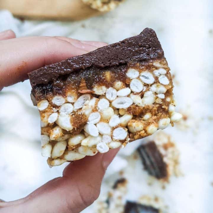 Vegan Peanut Butter & Chocolate Rice Crispy Bars