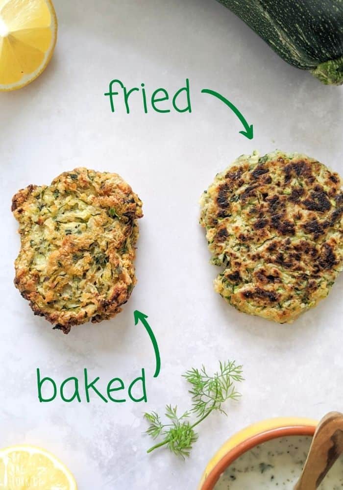 Vegan courgette fritters baked versus fried comparison