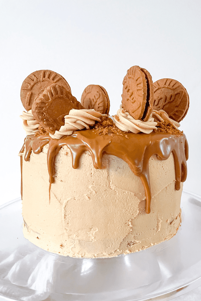A vegan biscoff cake decorated with a biscoff spread drip and topped with buttercream rosettes and lotus biscoff biscuits.