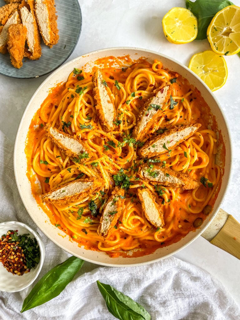 Vegan Red Pepper Pasta with Spicy Fillets