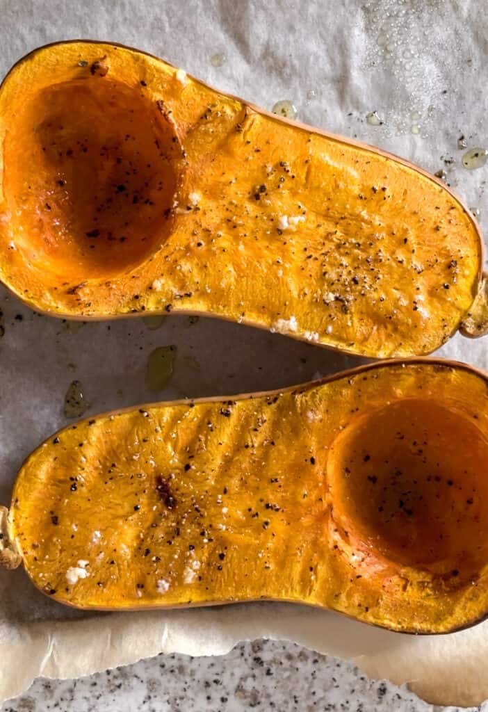 two halves of a roasted butternut squash