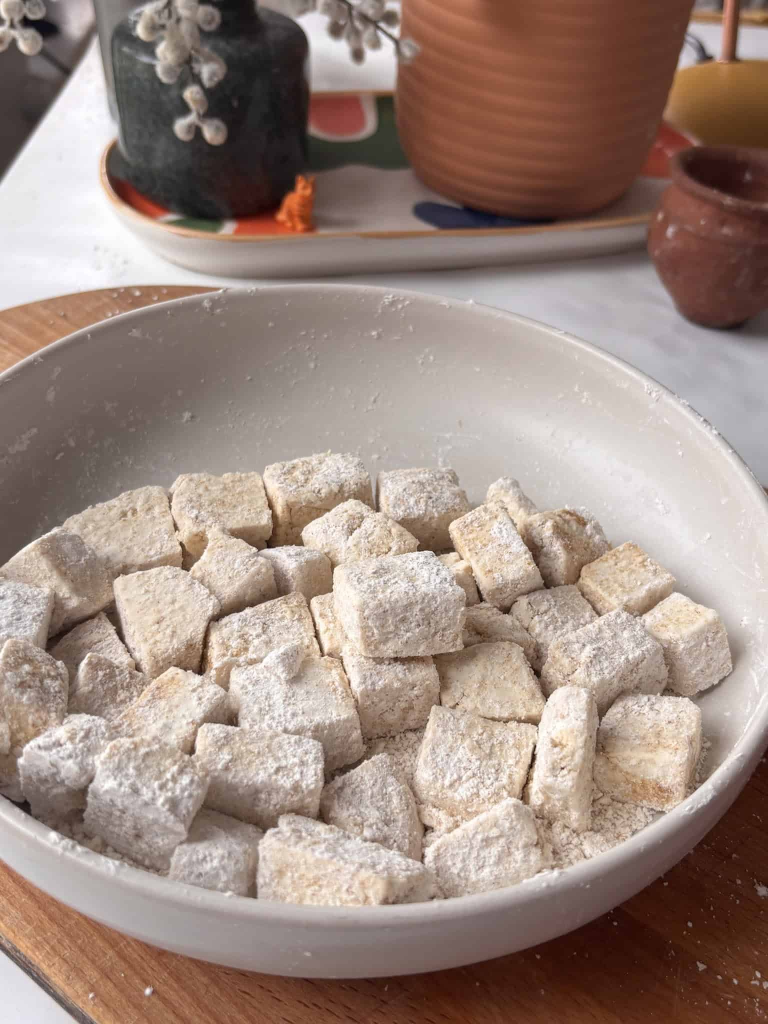 tofu cubes coated in a seasoned corn starch blend