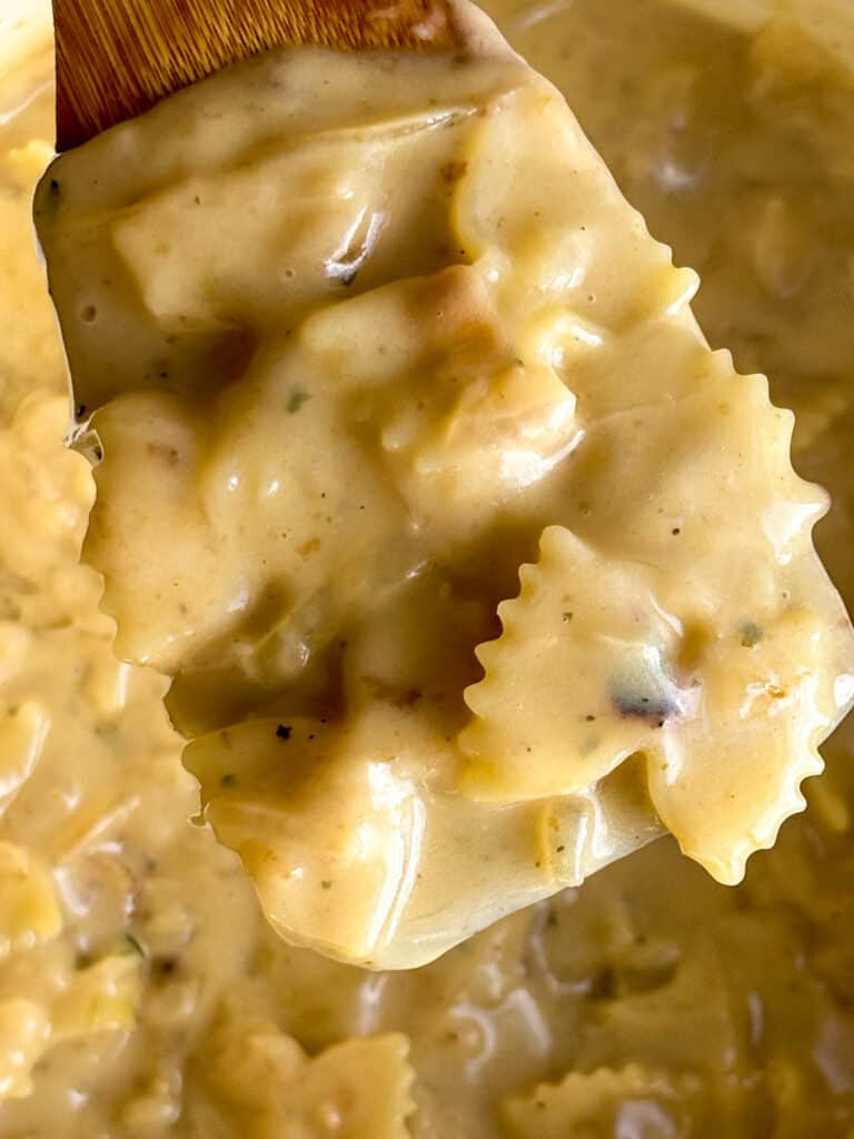 French onion pasta on a spatula