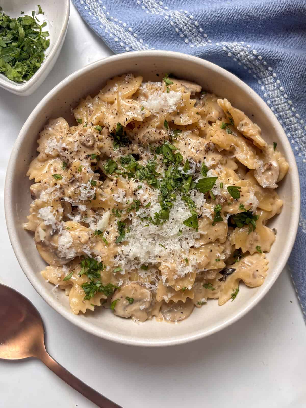 creamy mushroom pasta topped with pecorino cheese and diced parsley