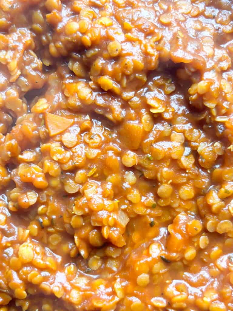 a close up shot of the lentil sauce for this vegan hotpot