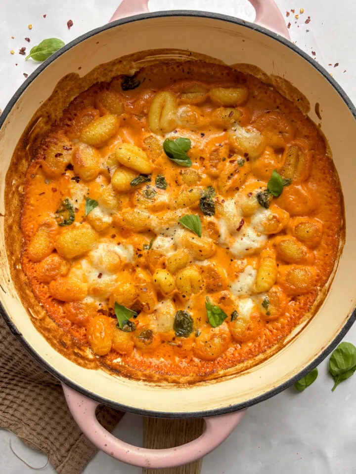 baked gnocchi alla vodka one-pot with creamy tomato vodka sauce and melted cheese
