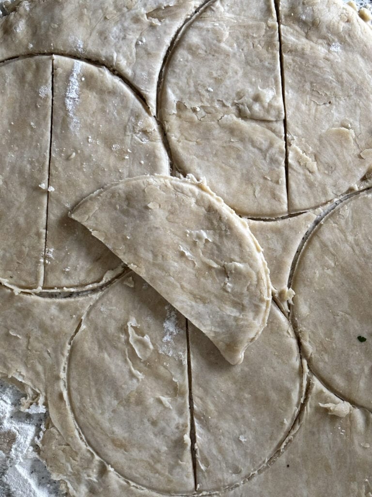 samosa dough with half circle shapes cut into it (I cut a circle around a bowl and then cut the circle in half)
