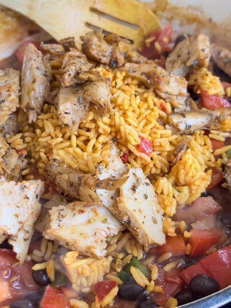 packet mexican rice and the vegan chicken is returned to the pan with the other ingredients