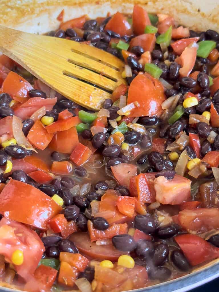 black beans and stock are added to the vegetarian taco bowl mix