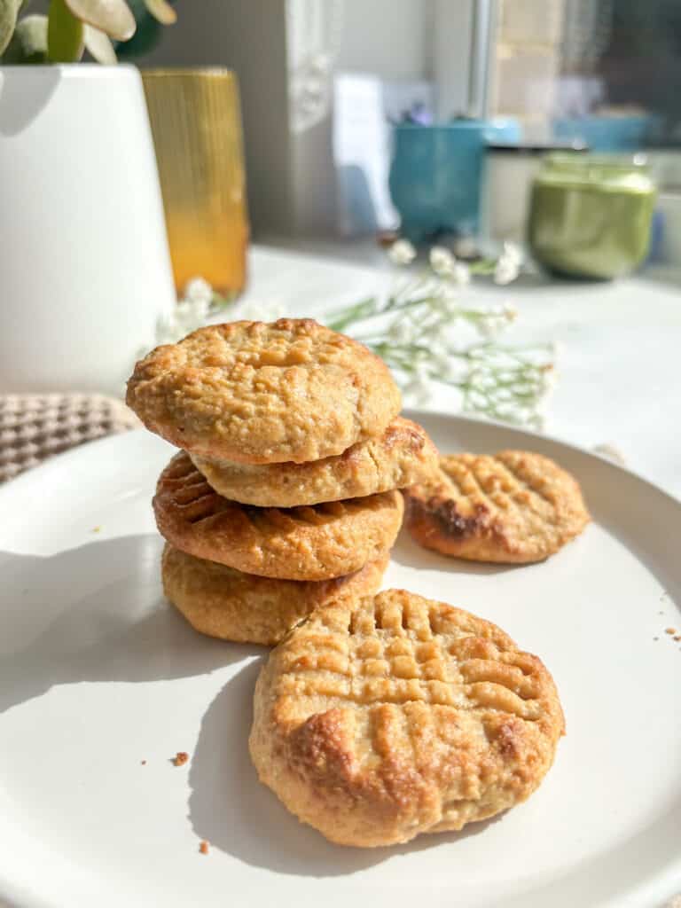 a stack of peanut butter cookies in the sunlight, on a white plate