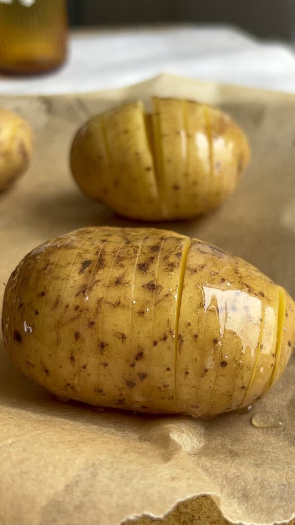 hasselback potato ready to be baked