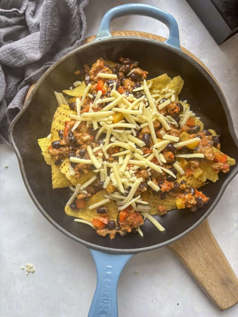 skillet nachos ready to be grilled 
