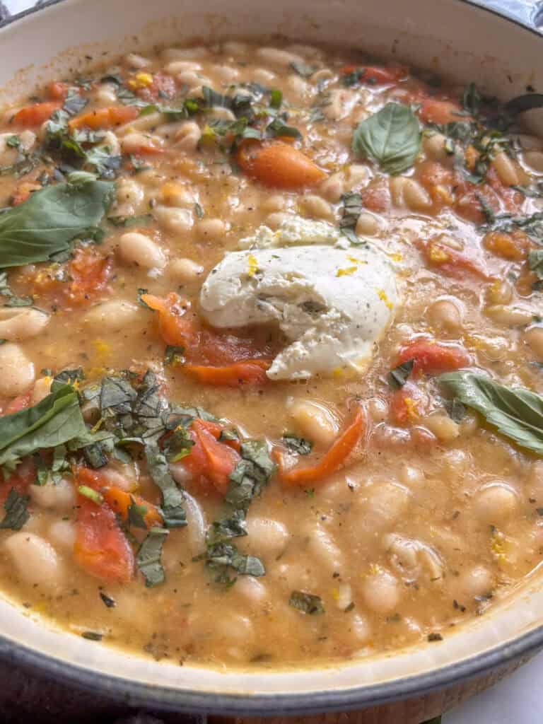 close up shot of creamy white beans topped with basil, soft cheese, and lemon zest
