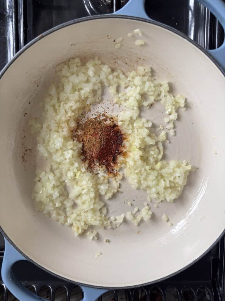 spices added to a pan along with the onion and garlic