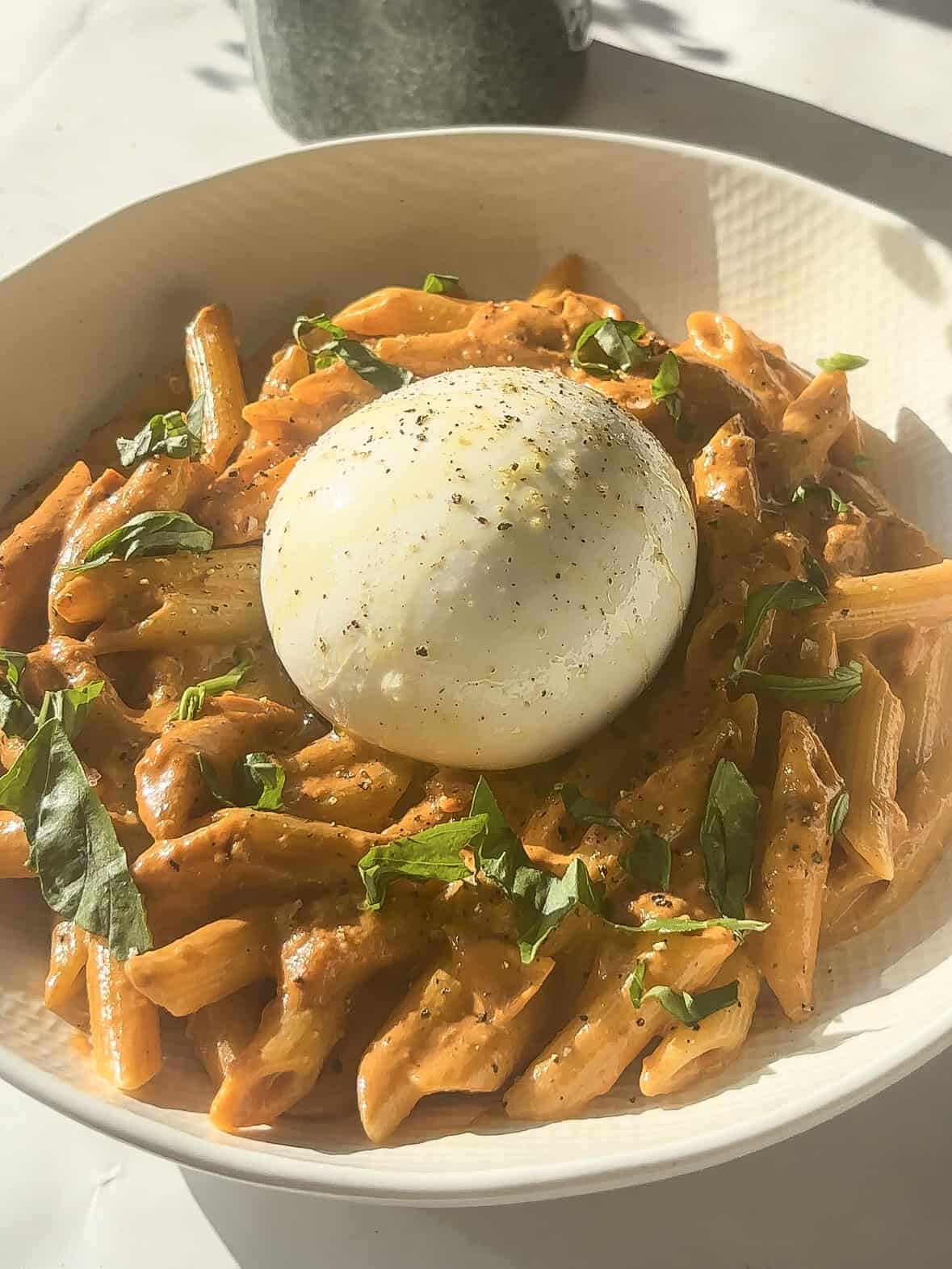 Creamy Cherry Tomato Pasta with Burrata - By The Forkful