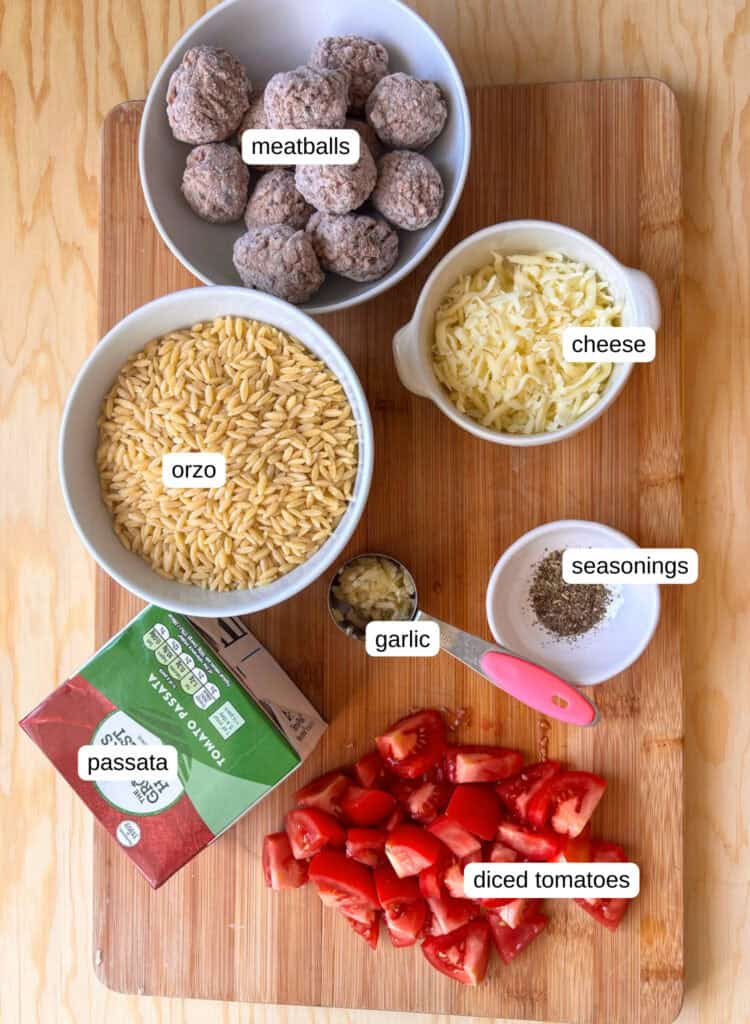 an overhead photo of the ingredients needed for this baked orzo meatballs recipe