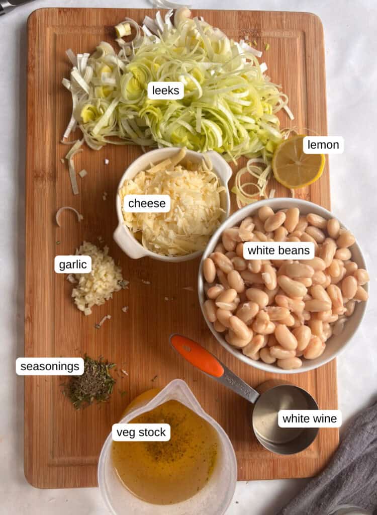 ingredients list for cheesy beans and leeks: leeks, lemon, cheese, white beans, garlic, seasonings, white wine, veegtable stock