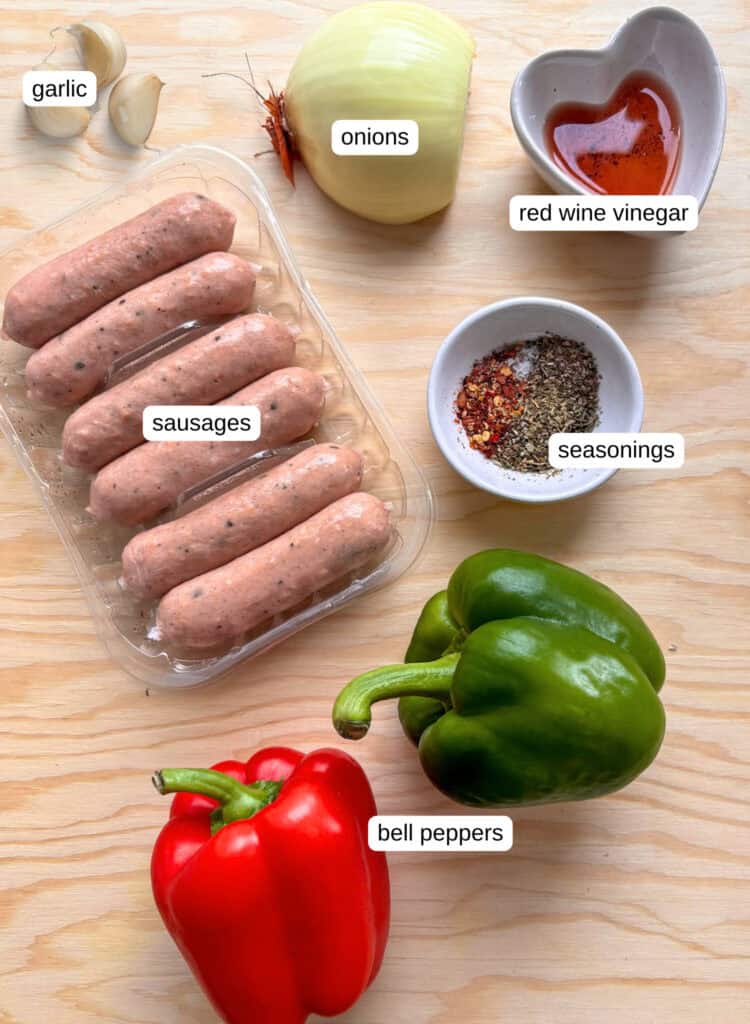 sausage and peppers ingredients required: sausages, peppers, onion, seasoning, garlic, and red wine vinegar