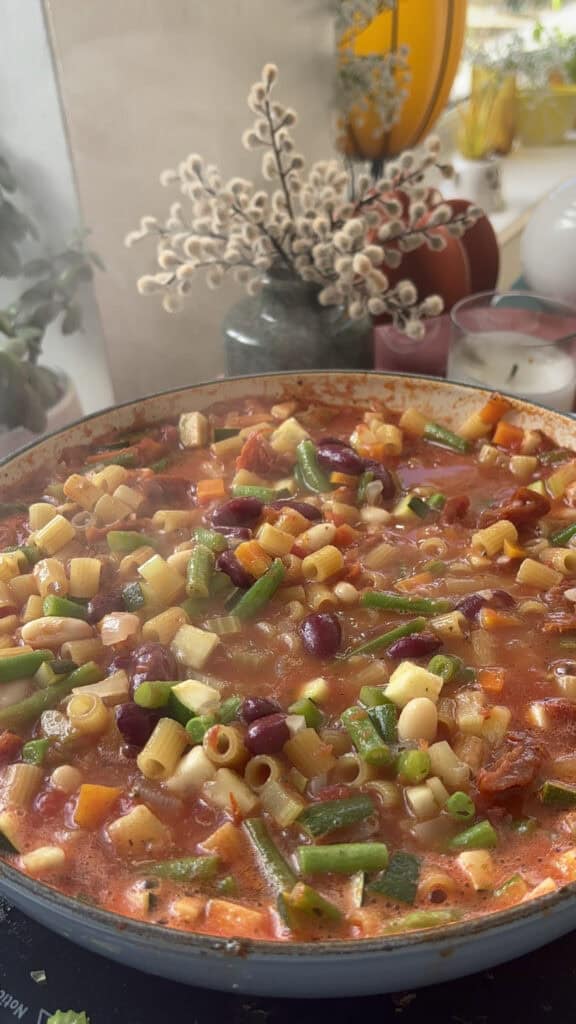 the soup is simmered again while the pasta cooks