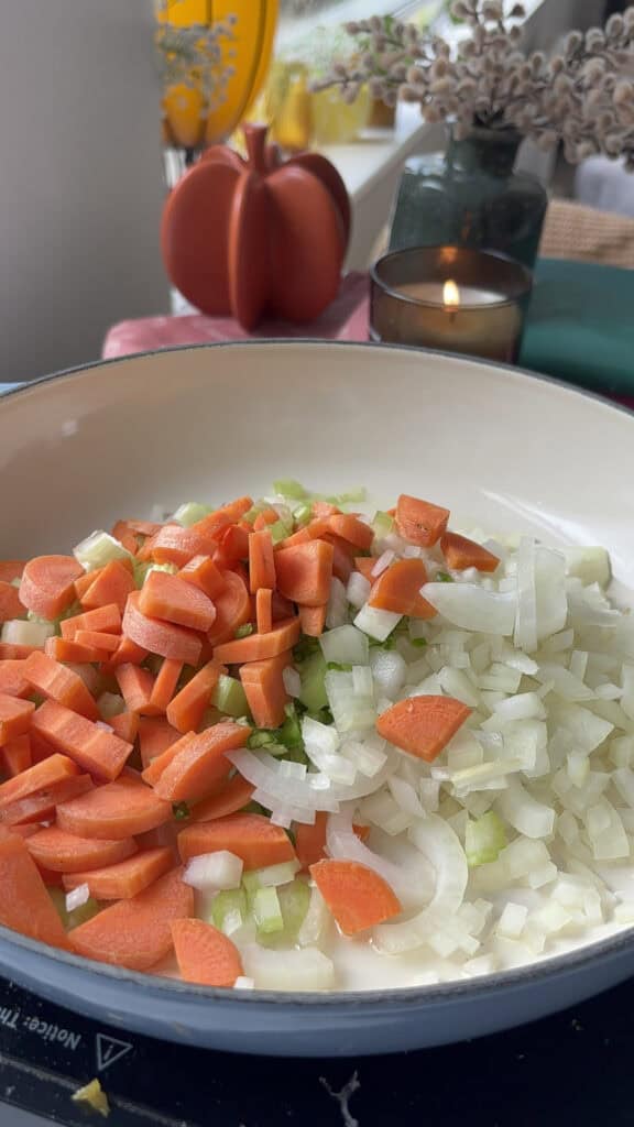 carrots, onion & celery added to the pan