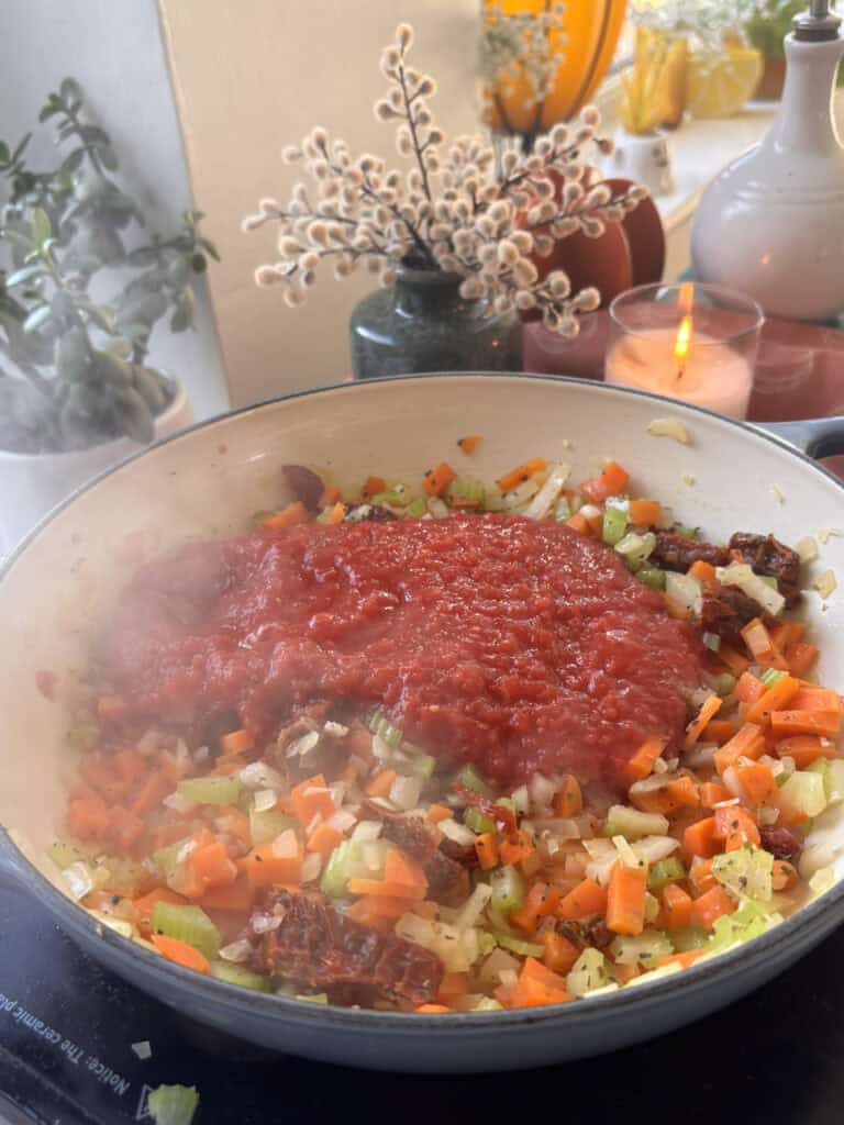 diced tomatoes added to the vegetables