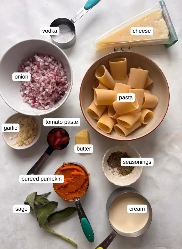 pumpkin pasta alla vodka ingredients: pasta, cheese, onion, vodka, butter, tomato paste, garlic, seasonings, pumpkin, heavy cream, sage