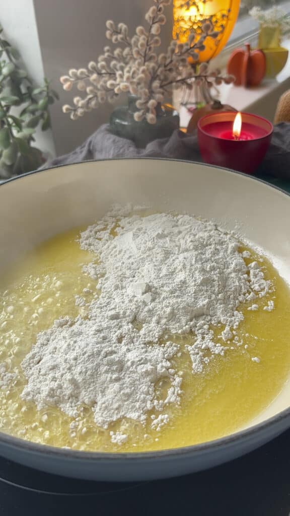 flour added to the butter melted in the casserole pan