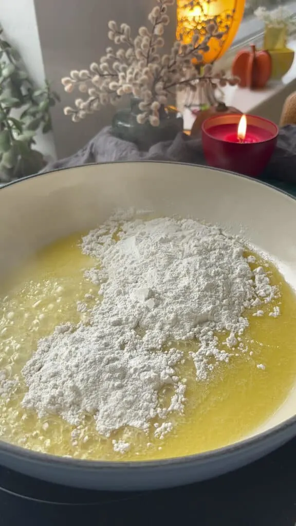 flour added to the butter melted in the casserole pan