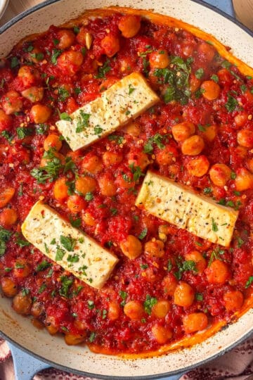casserole pan of baked feta with chickpeas