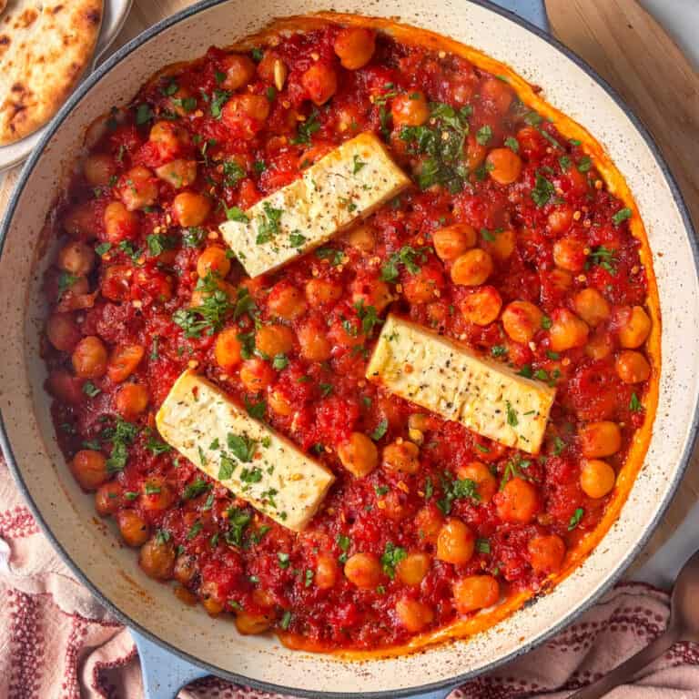 casserole pan of baked feta with chickpeas