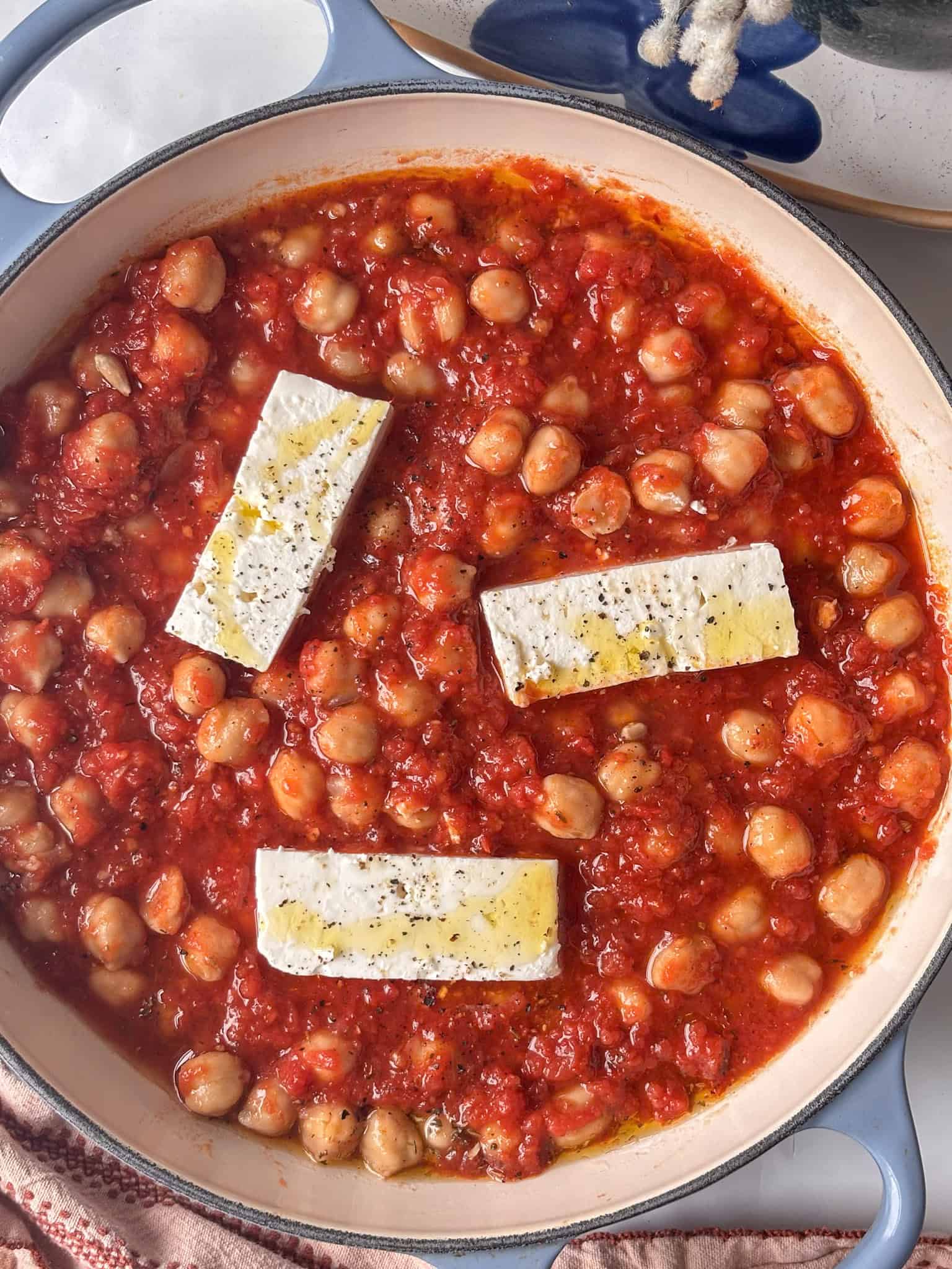 the baked feta chickpeas before being baked.