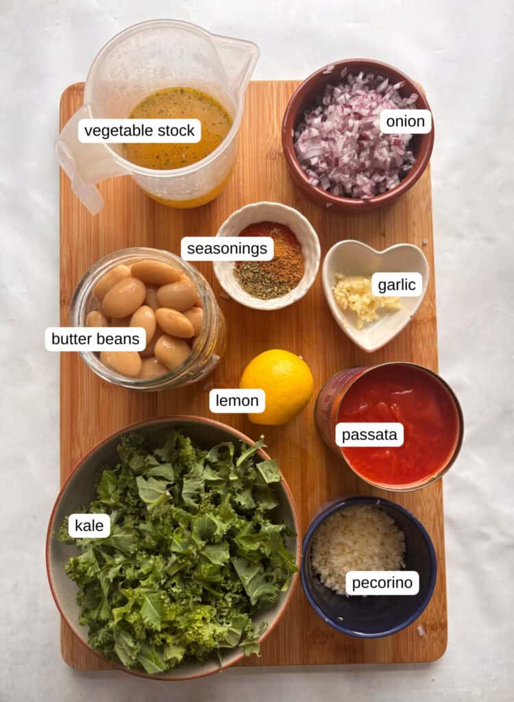 butter bean and kale stew ingredients: butter beans, kale, pecorino, passata, lemon, garlic, seasonings, onion, vegetable stock
