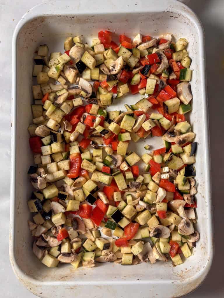 cubed roasted vegetables for the roasted vegetable lasagna!