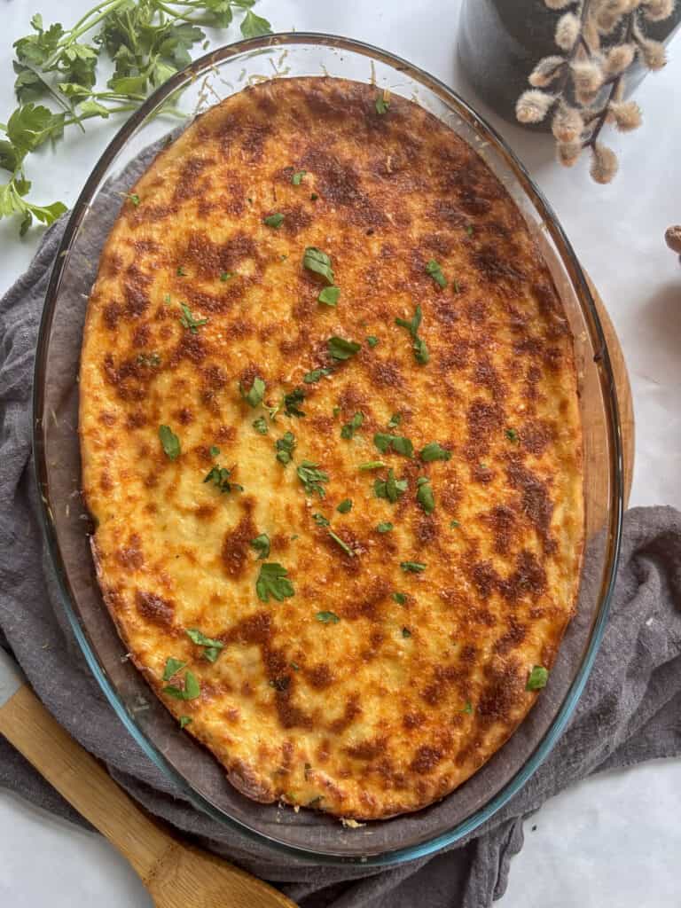 a vegetarian moussaka in a oval dish