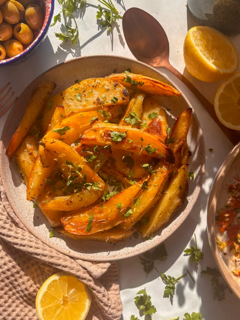 summery Greek potatoes on a serving plate scattered with fresh herbs, surrounded by olives, white bean dip, and fresh lemons