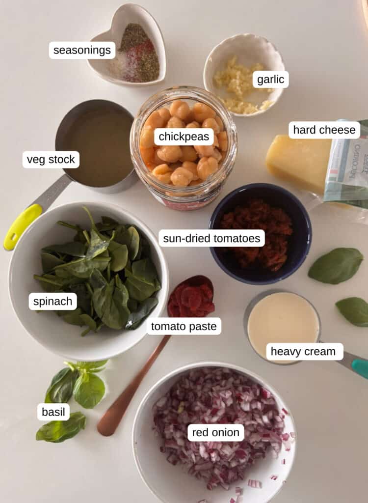 marry me chickpeas ingredients photo - seasonings, garlic, chickpeas, veg stock, hard cheese, spinach, sun-dried tomatoes, heavy cream, tomato paste, basil, red onion