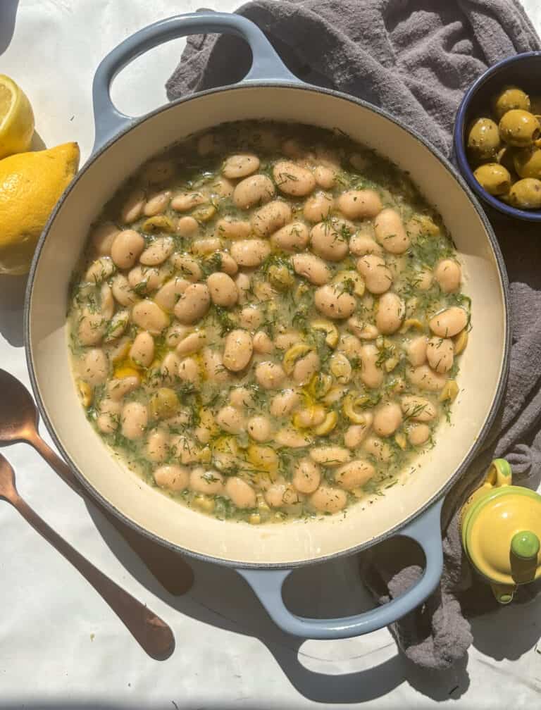 a pan of lemon and dill butter beans