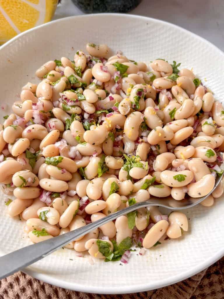 white bean salad with red onion, fresh herbs, and lemon zest