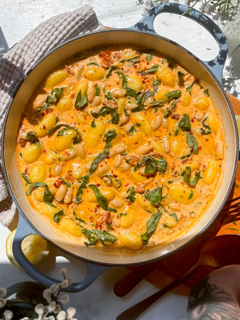 one-pot marry me gnocchi with white beans, basil, cream, and sun-dried tomatoes