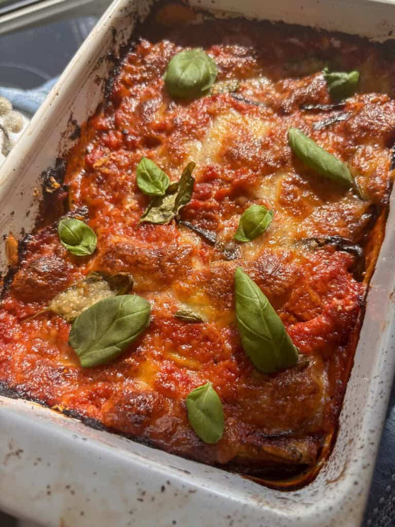 eggplant parmigiana in a baking dish