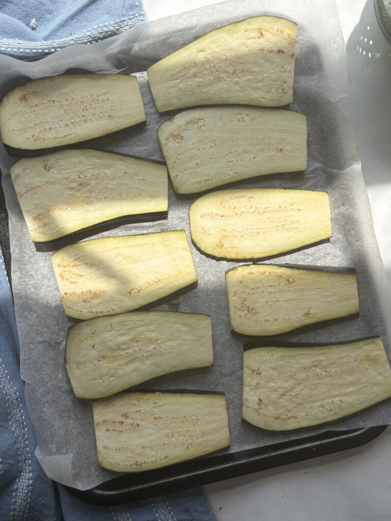 eggplant slices on a baking tray