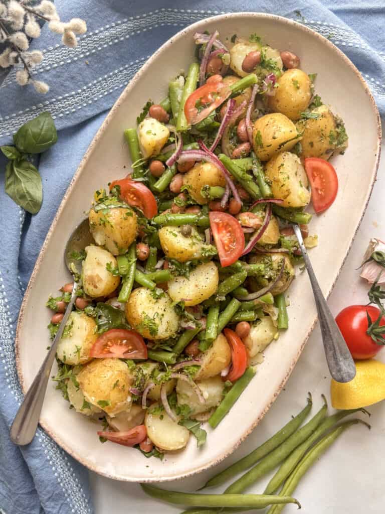 potato and green bean salad before the eggs are added to the serving plate