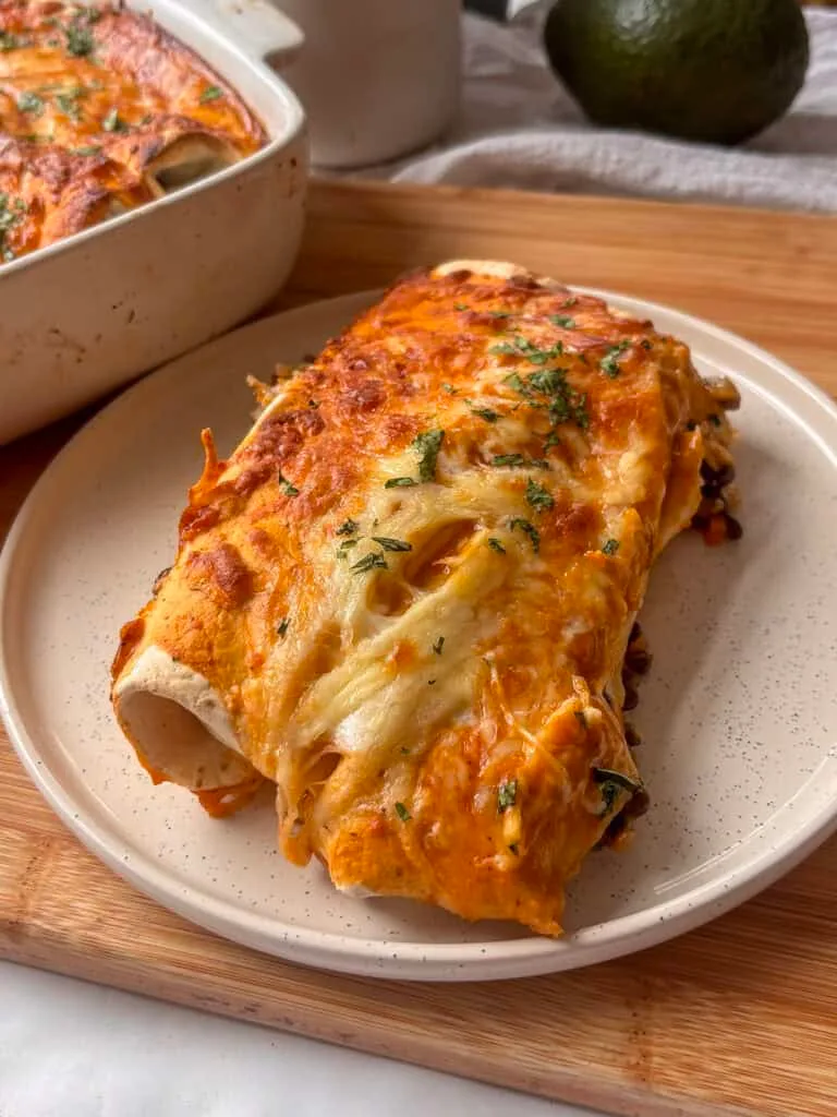 cheesy lentil enchiladas on a white plate with chopped cilnatro