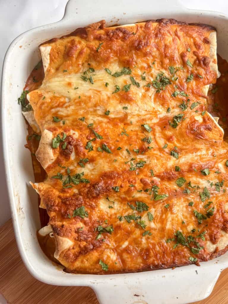 cheesy lentil enchiladas in a white casserole dish topped with cilantro