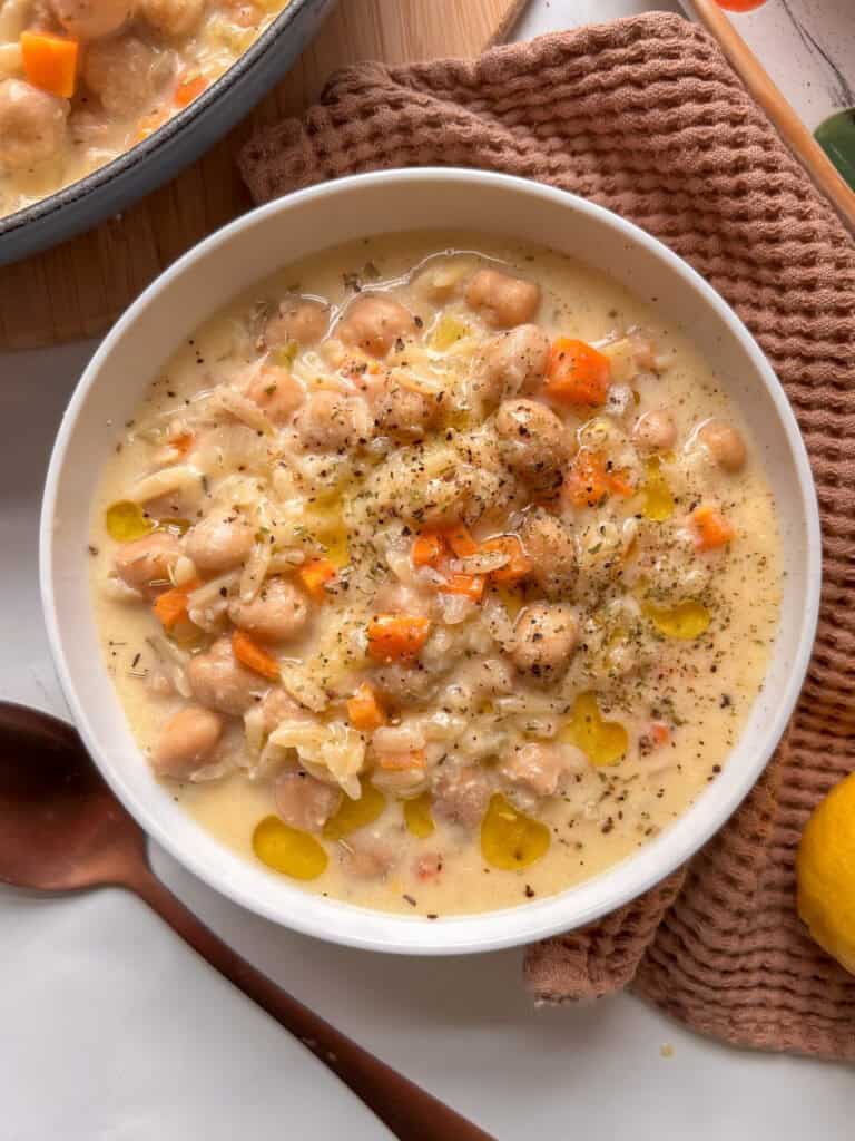 lemon chickpea orzo soup - Avgolemono inspired - in a white bowl