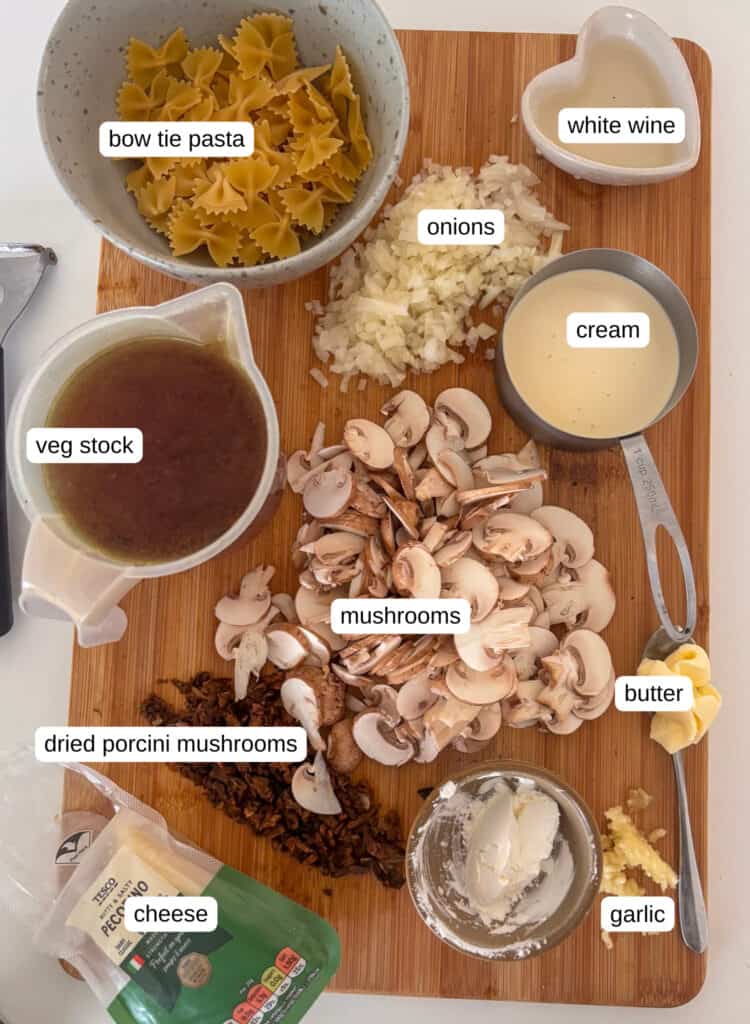 mushroom pasta ingredients - pasta, onions, white wine, cream, veg stock, dried porcini mushrooms, mushrooms, butter (or oil), cornflour, garlic, cheese