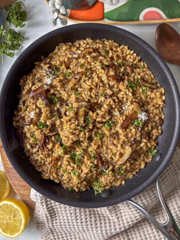 a pan of mushroom risotto