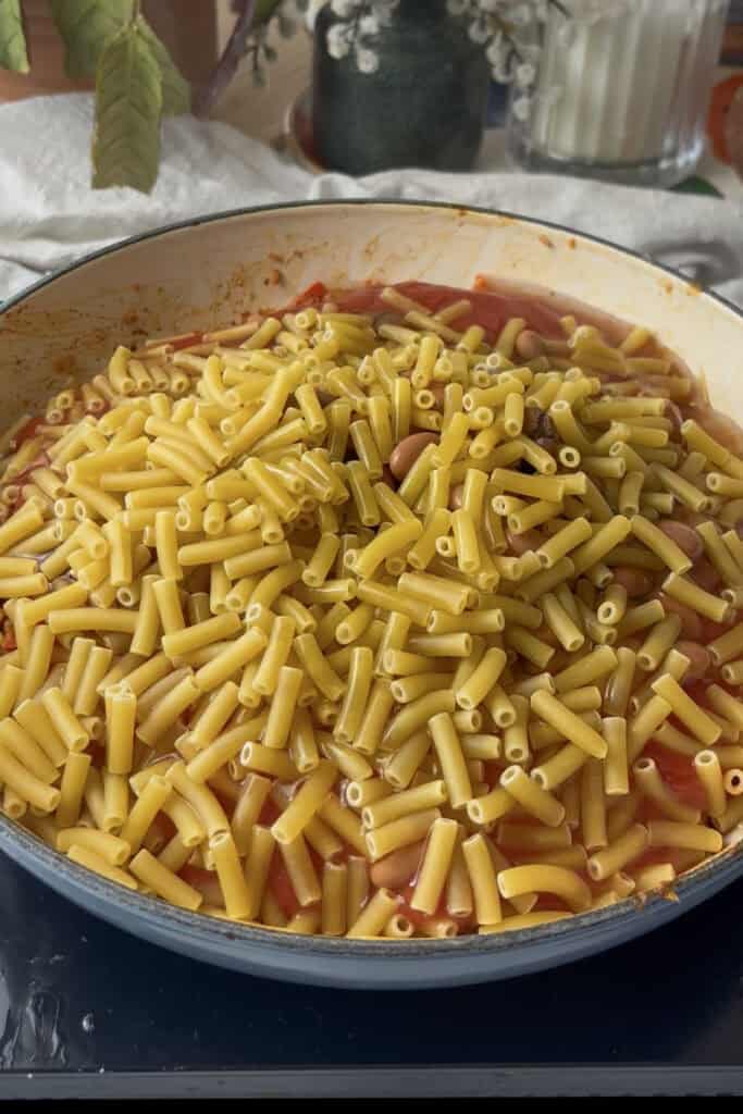 dried macaroni is added directly to the pan to cook within the sauce